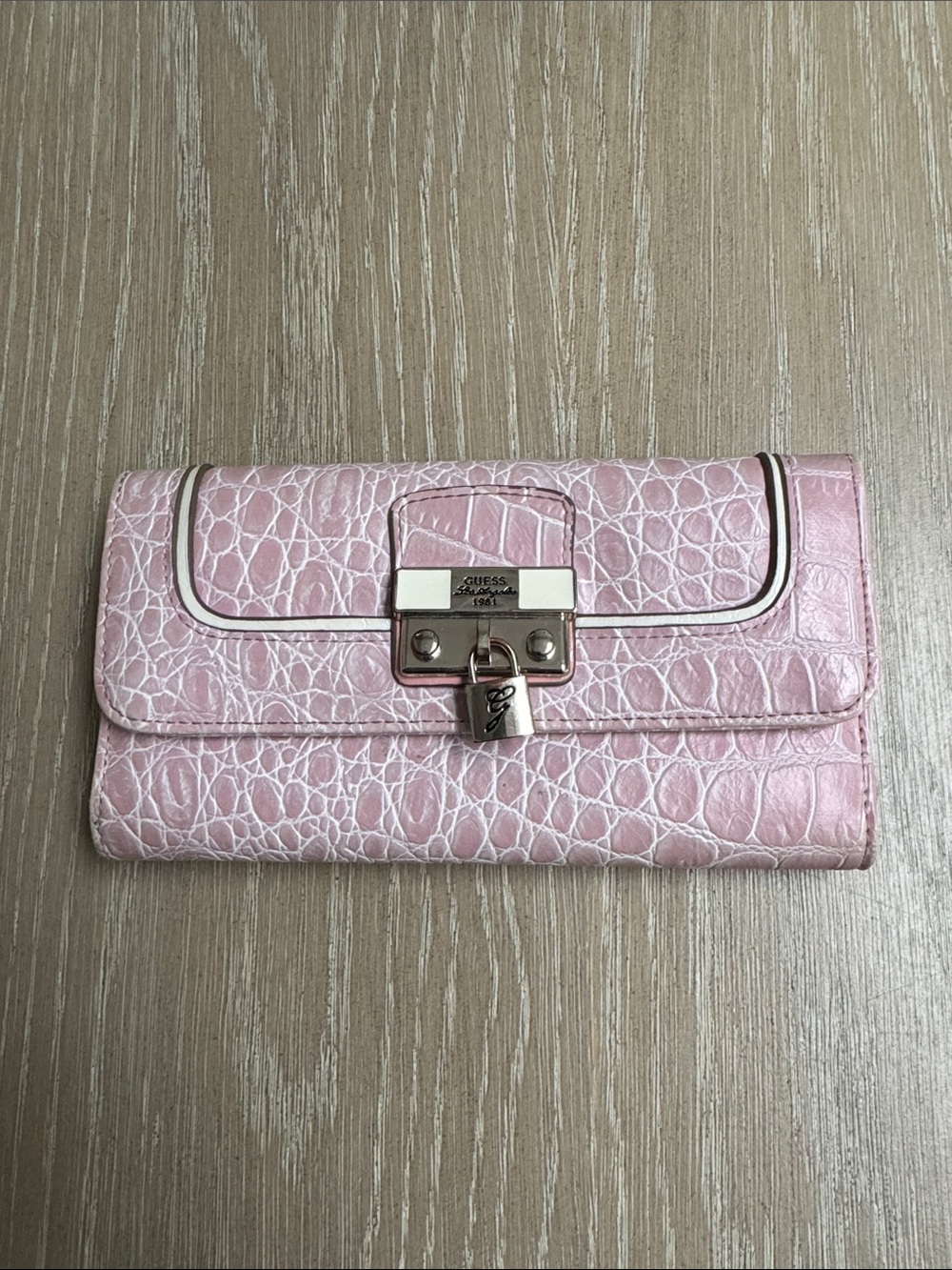 GUESS Pink Croc-Embossed Wallet with Gold Hardware